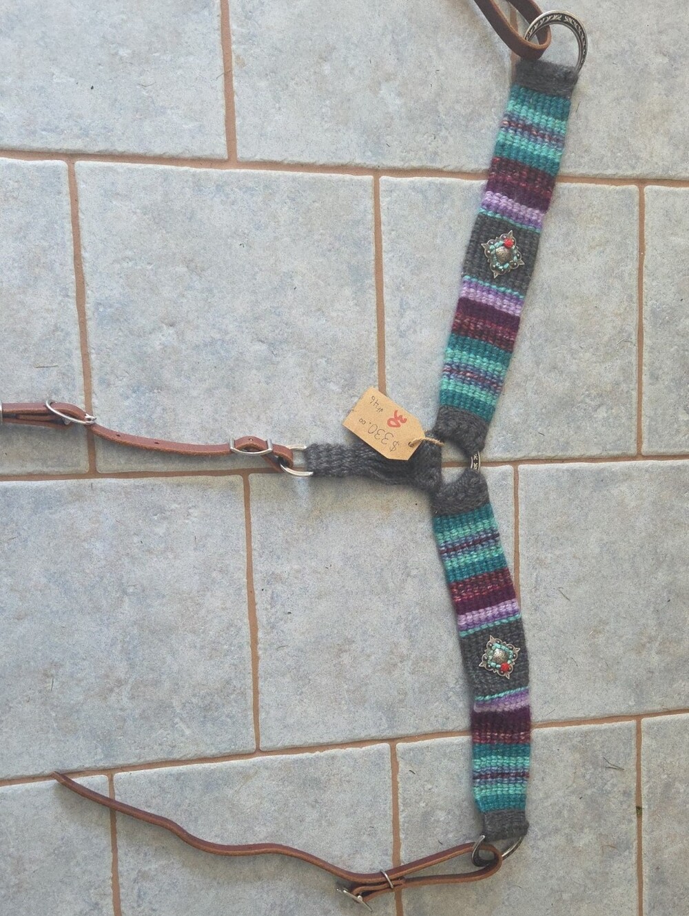 Handwoven Mohair Turquoise & Purple Wool Horse Breast Collar with Leather Straps